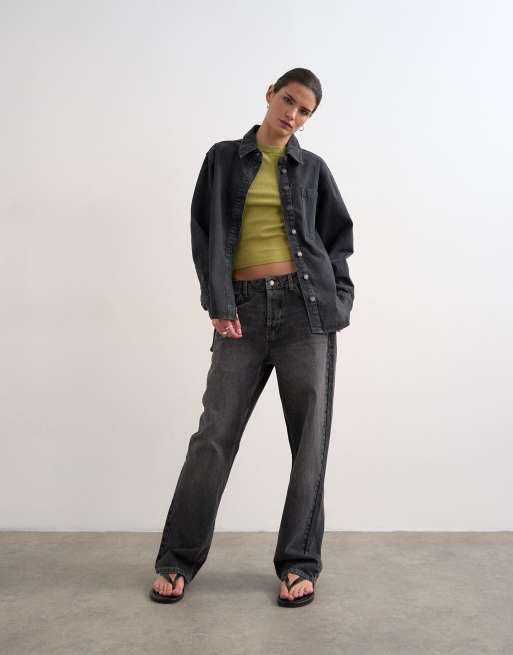 Topshop denim shacket with side panel in washed black, 2 of 4
