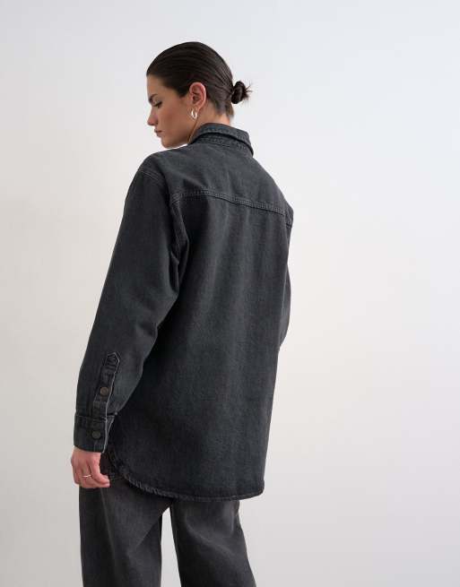Topshop denim shacket with side panel in washed black, 3 of 4