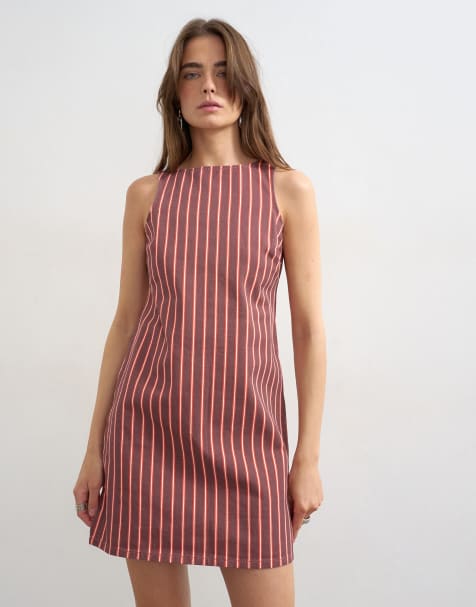 Topshop denim shift mini dress in red and pink stripe - view 1