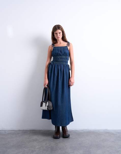 Topshop denim shirred maxi dress with straps in mid blue - view 1
