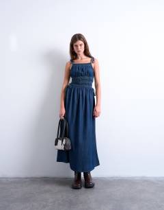 Denim shirred maxi dress with straps in mid blue