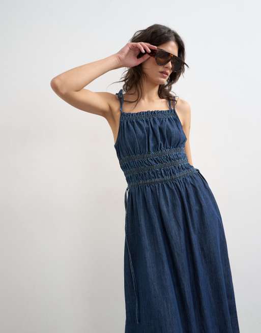 white christmas dresses Horizon Strapless Wavy Neckline Midi Denim Blue– Selfie Leslie main image 0