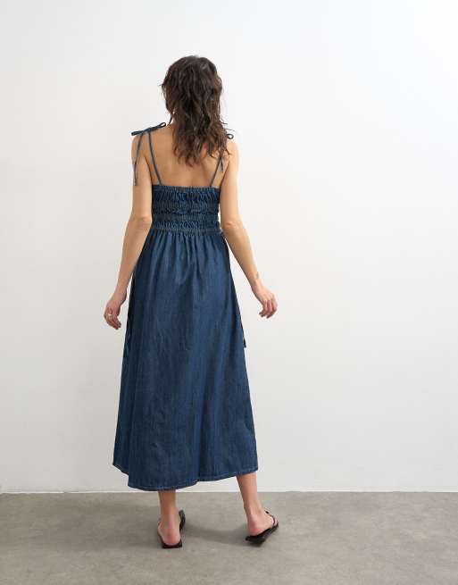 white christmas dresses Pansy Scoop Neck Flounce Hem Maxi Dress Denim