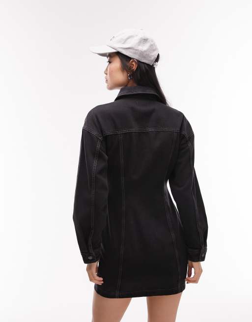 Topshop denim shirt dress in black , 2 of 4