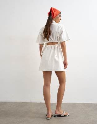 Topshop Denim Shirt Dress With Back Cut Out In White