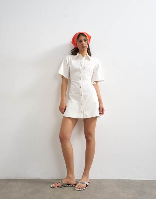 Topshop denim shirt dress with back cut out in white, 3 of 4