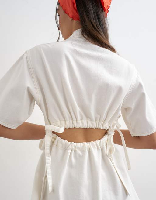 Topshop denim shirt dress with back cut out in white, 4 of 4