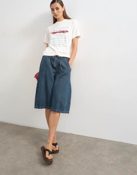 Topshop - Denim short met ballonpijpen en elastische taille in zwavelblauw - view 1