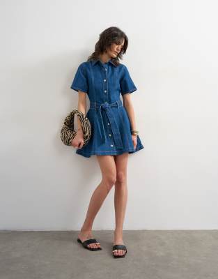 Topshop Denim Short Sleeve Belted Mini Dress In Blue