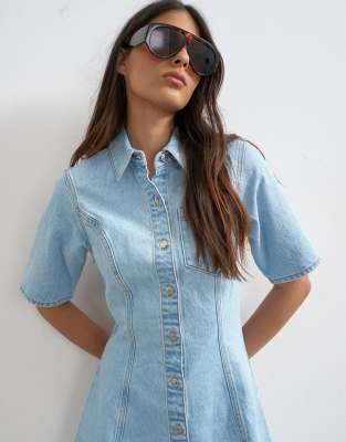 Topshop denim short sleeve button down mini dress bleach
