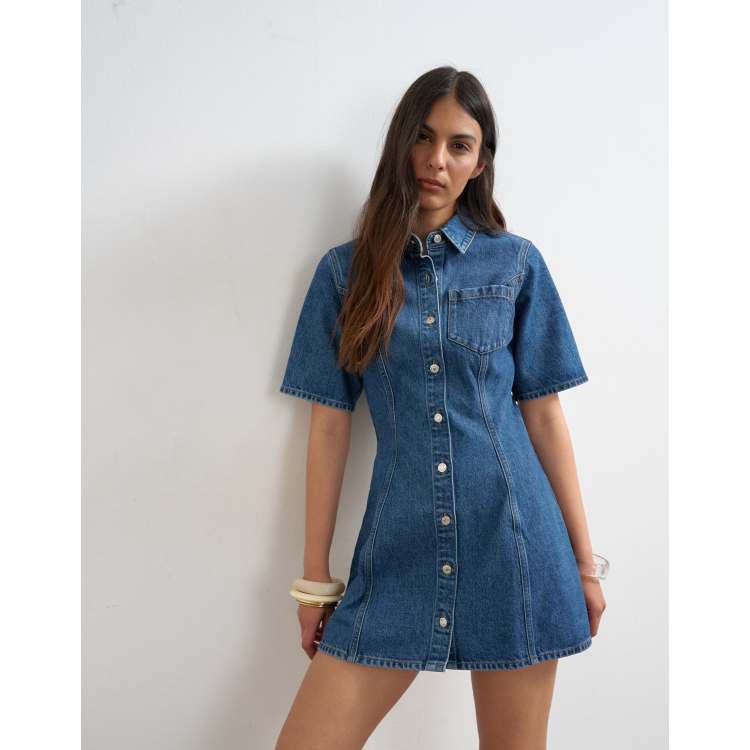 uo button down denim mini dress Tiered Button Up Long Sleeve Denim Mini Dress