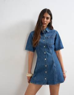 Denim short sleeve button down mini dress mid blue