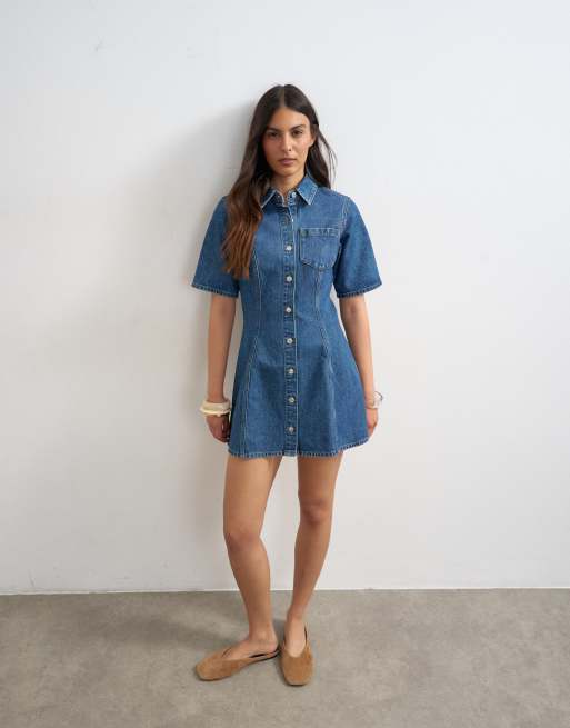 Topshop denim short sleeve button down mini dress mid blue, 2 of 4
