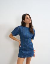 Topshop denim short sleeve mini dress in mid blue