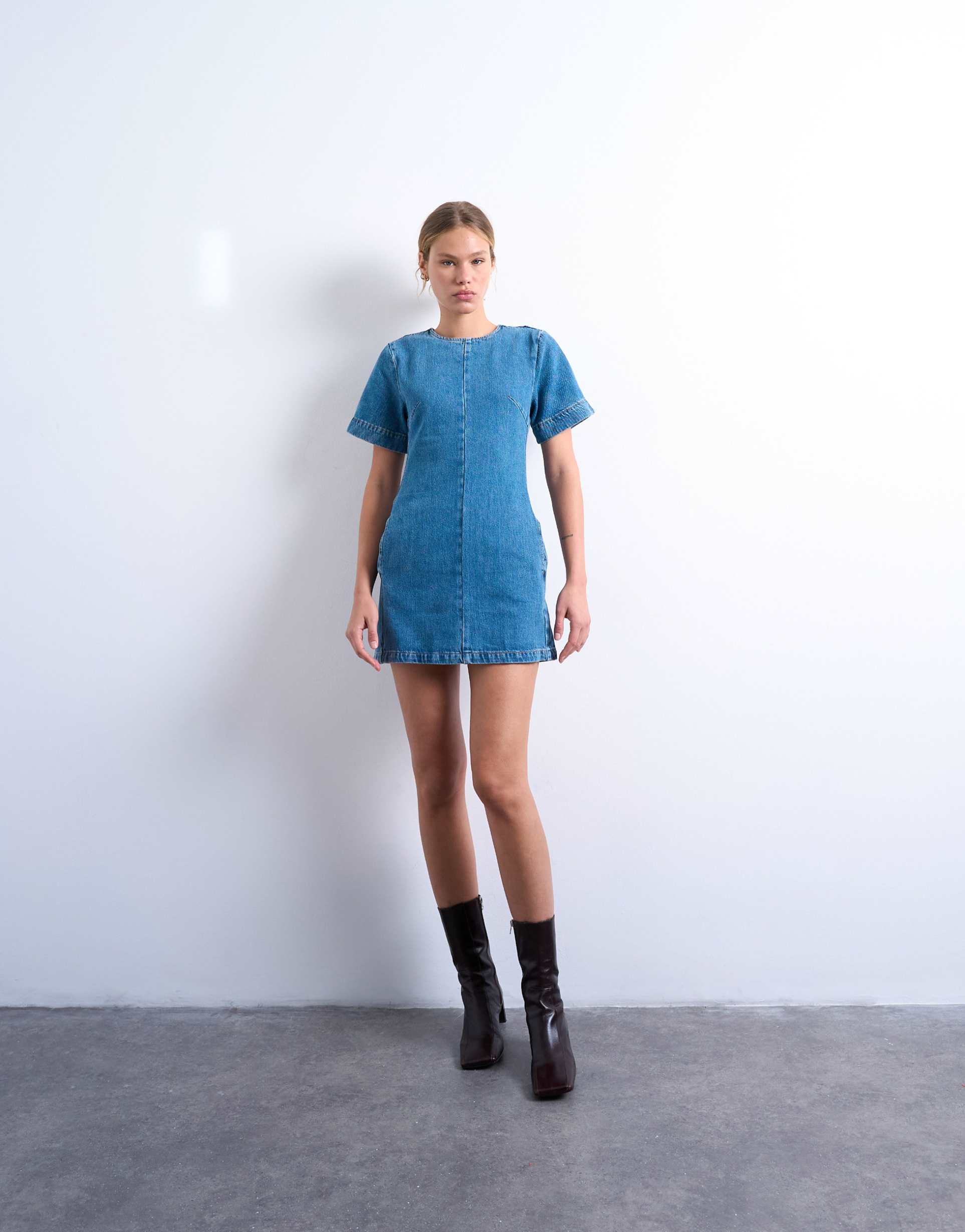 topshop denim short sleeved structured mini dress in mid blue