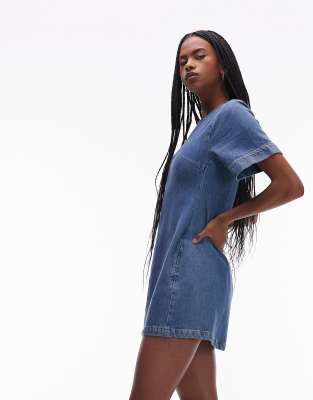 Topshop Denim Short Sleeved Structured Mini Dress