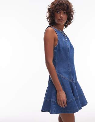 Topshop denim slash neck dress with drop waist in mid blue - view 1