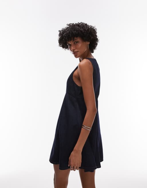 Topshop denim slash neck flippy mini dress in rinse wash, 3 of 4