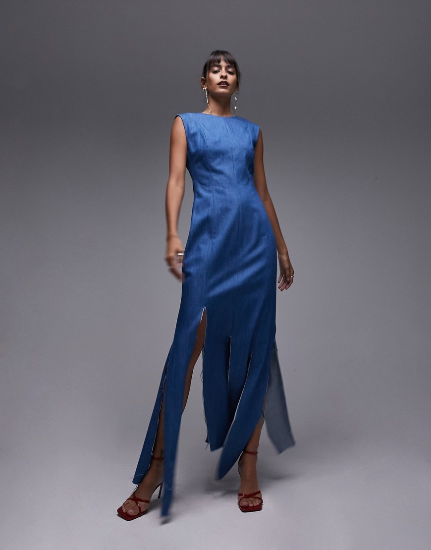 Topshop denim slashed midi dress in indigo-Blue