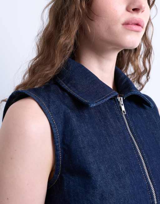 Topshop denim sleeveless zip through dress in indigo rinse, 3 of 4