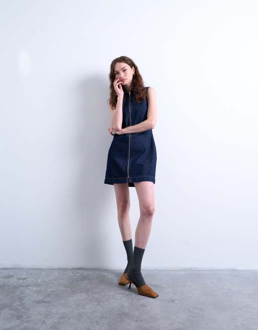 Topshop denim sleeveless zip through dress in indigo rinse | ASOS