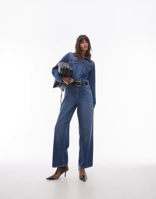 denim slim fit jumpsuit in mid blue