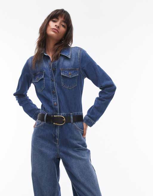 Topshop denim slim fit jumpsuit in mid blue