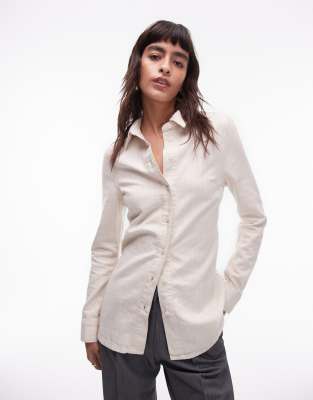 denim slim fit shirt in ecru stripe-Neutral