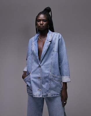 Topshop denim slouchy blazer in mid blue