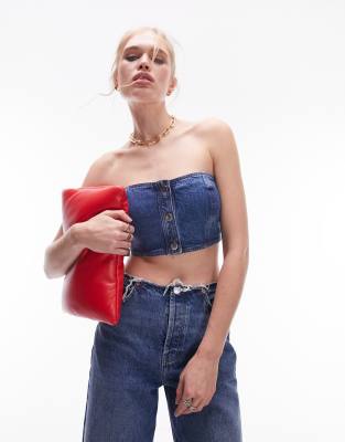 Topshop Denim Snap Corset In Mid Blue