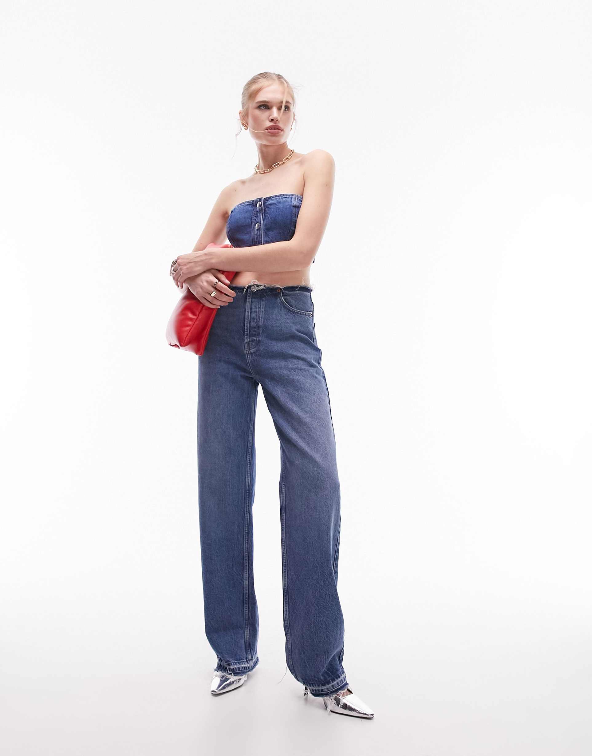 topshop denim snap corset in mid blue