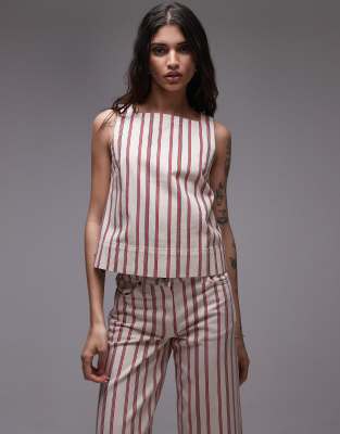 denim square neck shell top in red stripe-Multi