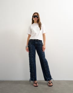 Denim straight leg jean with extreme lace-up in deep blue