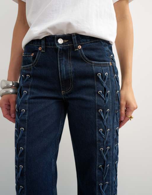 Topshop denim straight leg jean with extreme lace-up in deep blue, 4 of 7