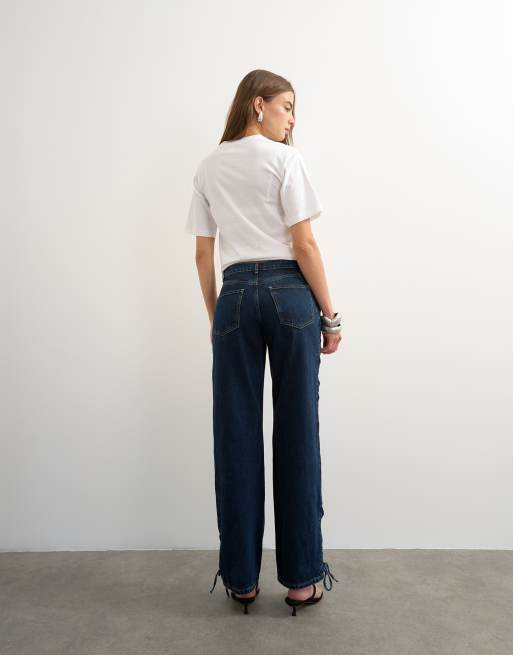 Topshop denim straight leg jeans with extreme lace-up in deep blue, 5 of 7