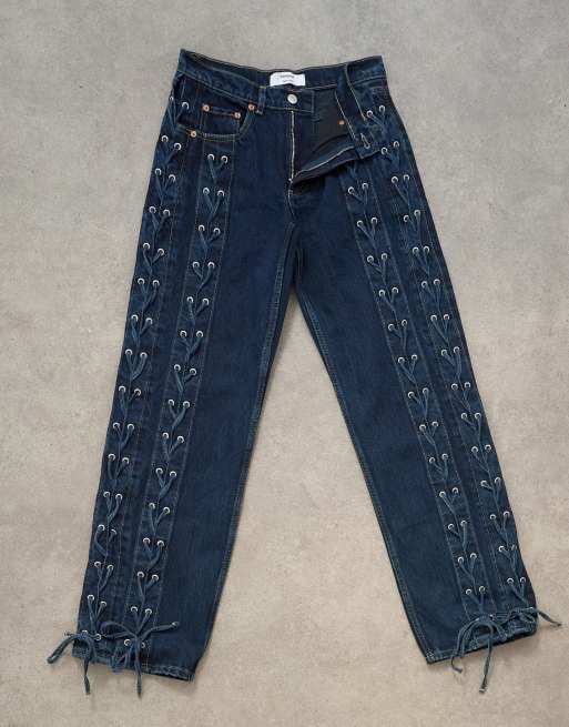 Topshop denim straight leg jeans with extreme lace-up in deep blue, 6 of 7