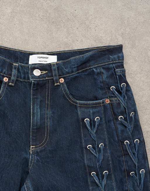 Topshop denim straight leg jeans with extreme lace-up in deep blue, 8 of 8
