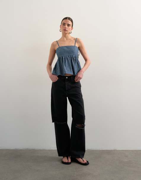 Topshop denim strappy cami top in blue stripe - view 1