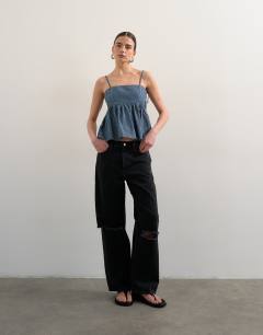 Denim strappy cami top in blue stripe