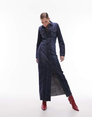 denim stretchy maxi shirt dress in indigo-Blue