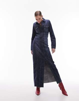 Topshop denim stretchy maxi shirt dress in indigo-Blue