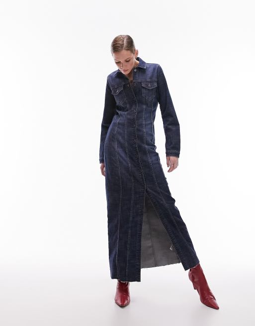 Topshop denim stretchy maxi shirt dress in indigo | ASOS