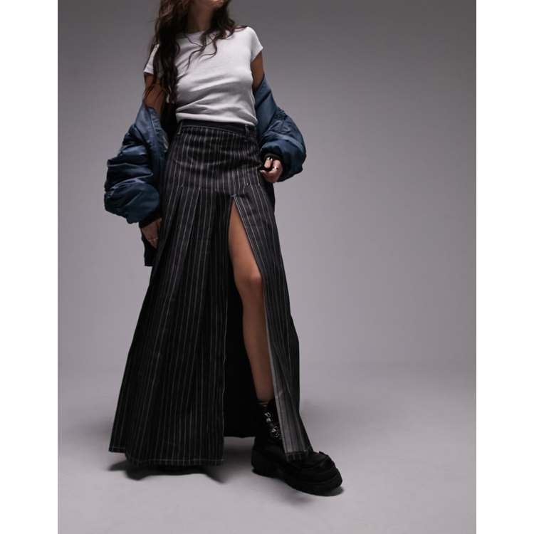 Topshop denim stripe pleated midi skirt in black | ASOS