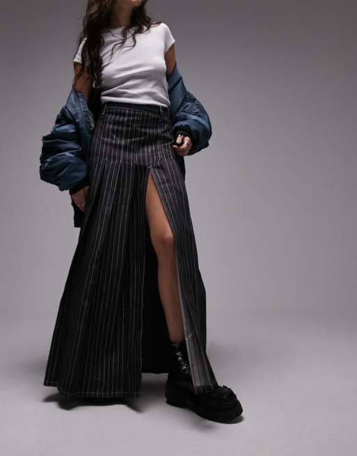 Topshop denim stripe pleated midi skirt in black | ASOS