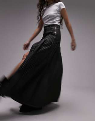 Topshop denim stripe pleated midi skirt in black | ASOS