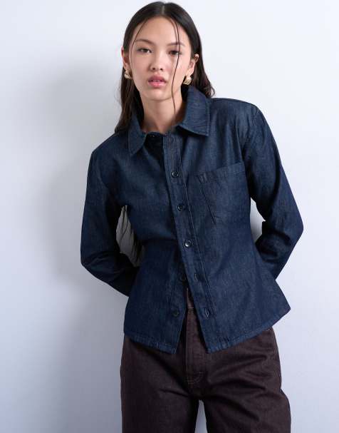 Topshop denim strong shoulder pad shirt in indigo - view 1