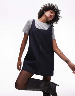 denim tailored pinafore dress in blue rinse