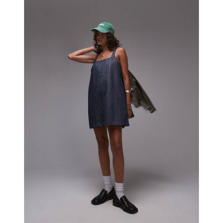 Topshop denim tailored pinafore dress in indigo stripe