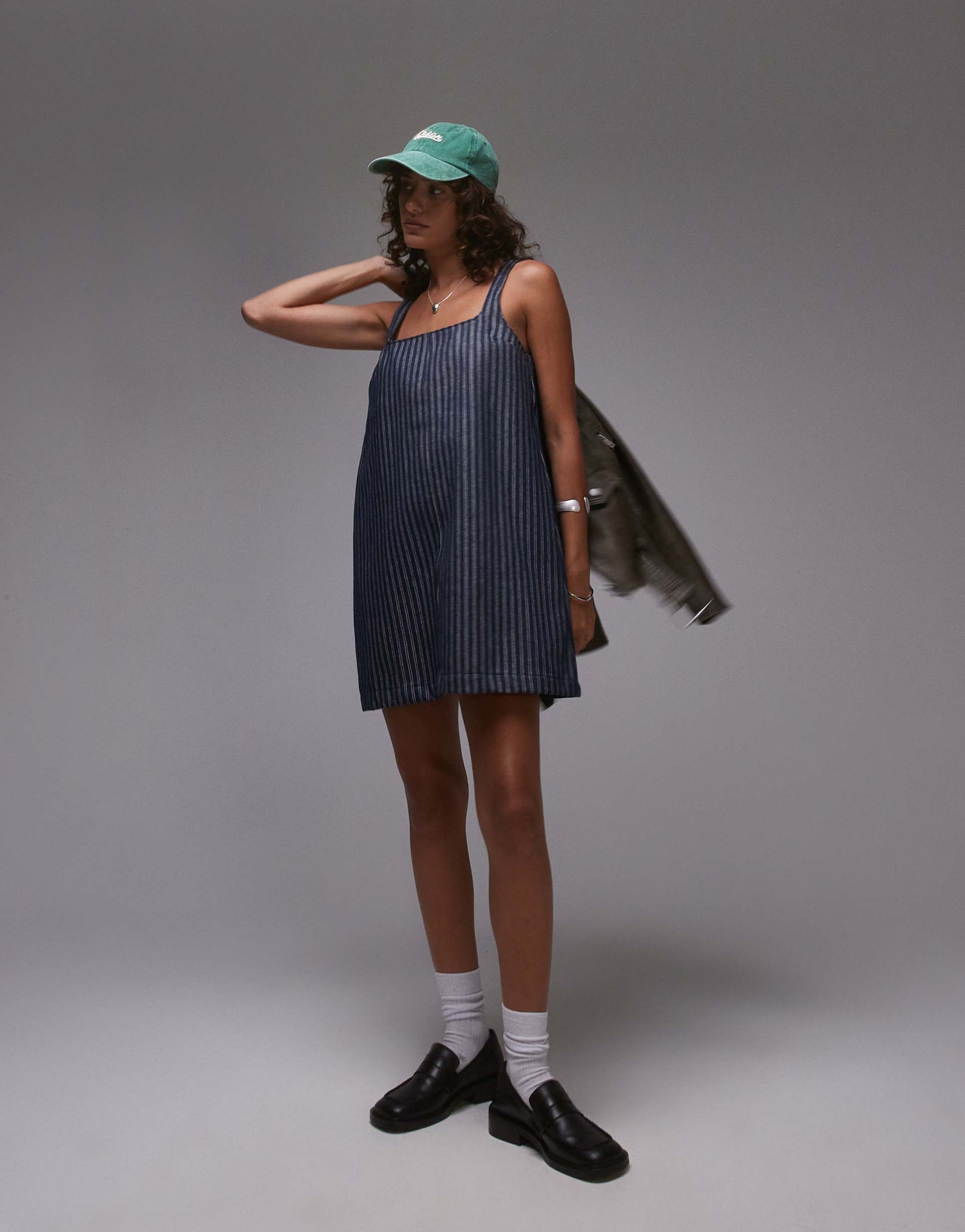 topshop denim tailored pinafore dress in indigo stripe