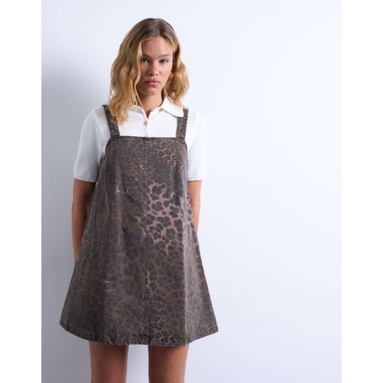 Topshop denim tailored pinafore dress in leopard print | ASOS